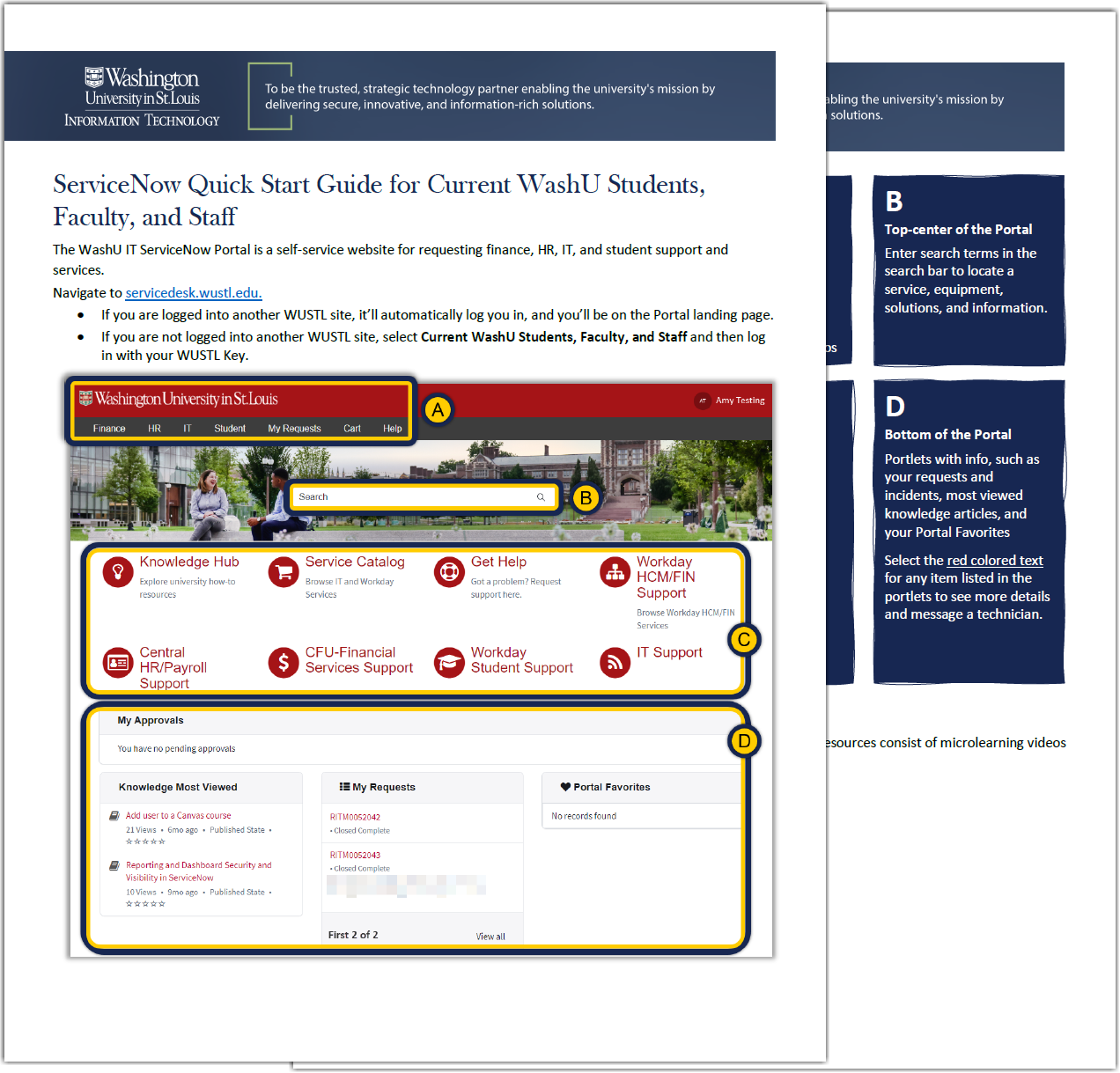 a screenshot of the two pages of the ServiceNow Quick Start Guide for Current WashU Students, Faculty, and Staff