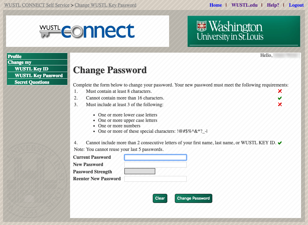 Change my WUSTL Key Password Screenshot 2