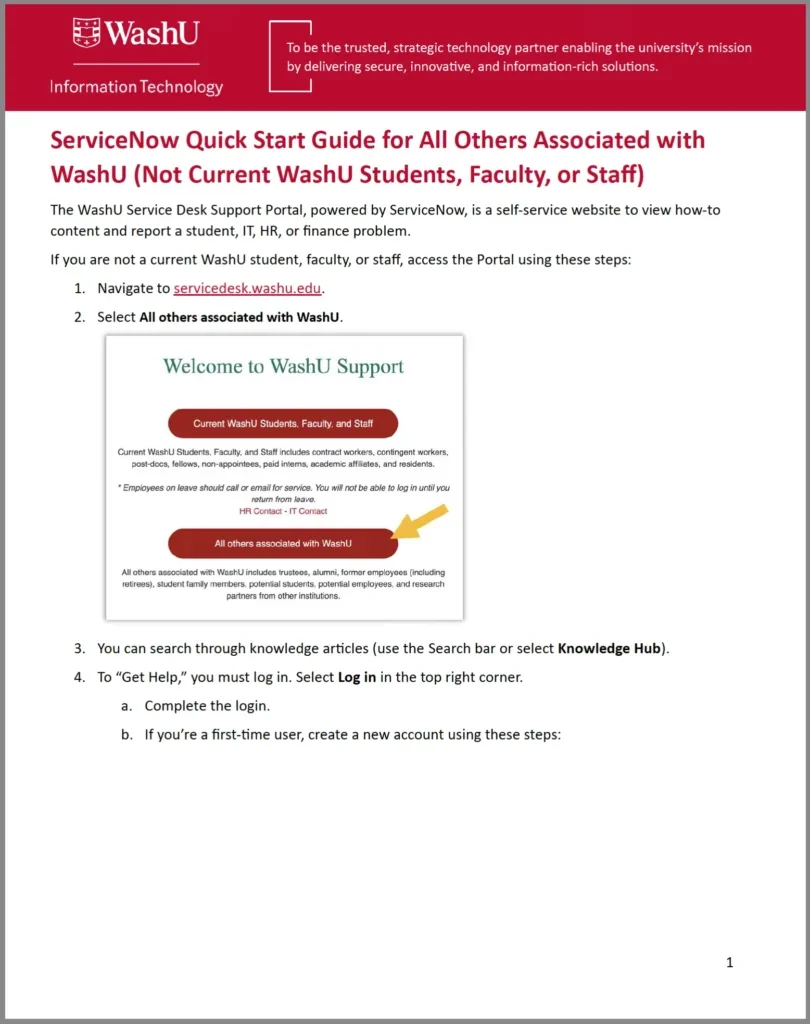 a screenshot of the first page of the ServiceNow Quick Start Guide for All Others Associated with WashU