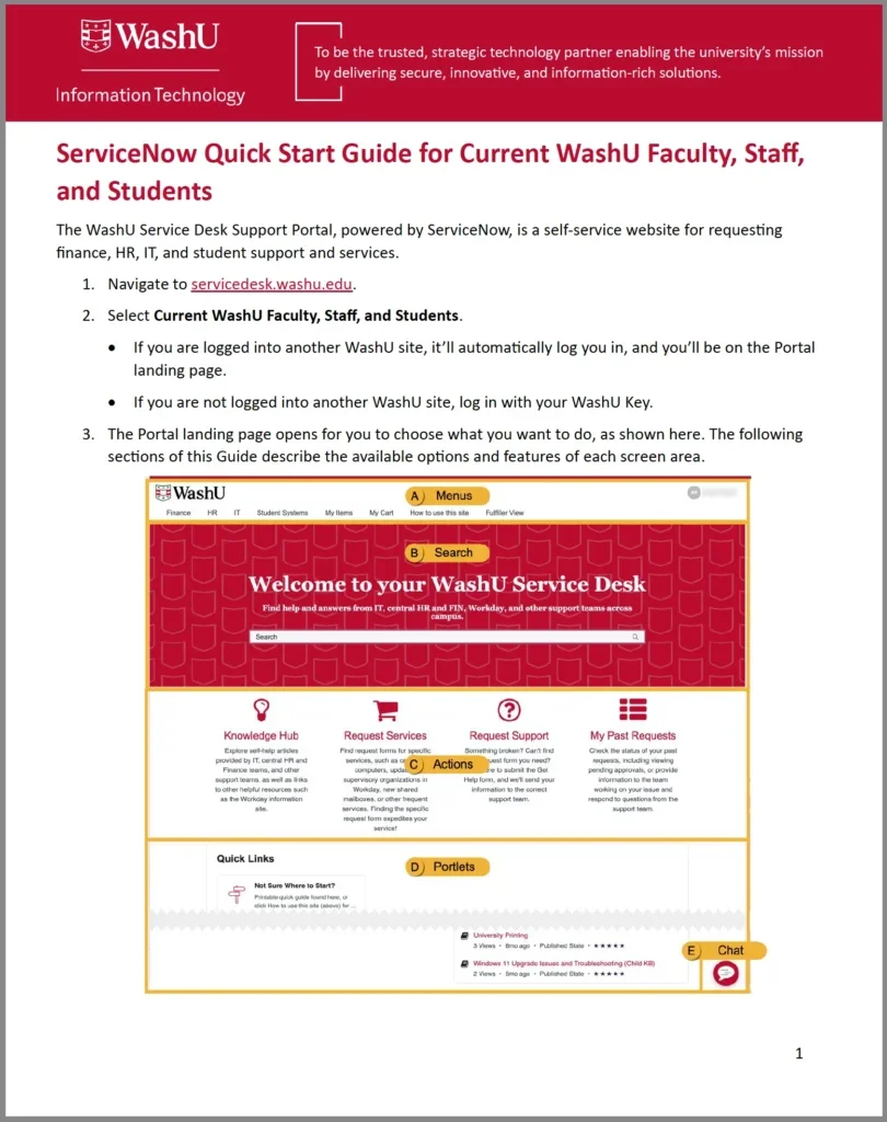 a screenshot of the first page of the ServiceNow Quick Start Guide for Current WashU Students, Faculty, and Staff
