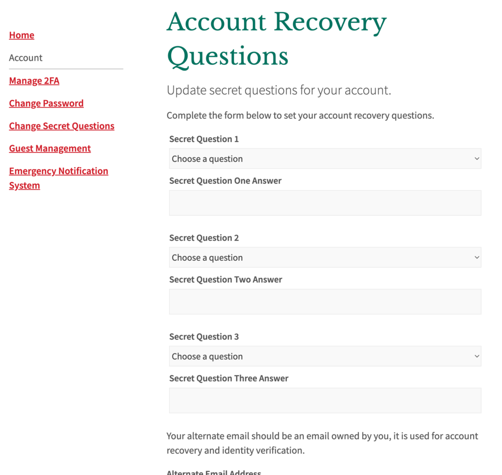 Account Recovery Questions Screen
