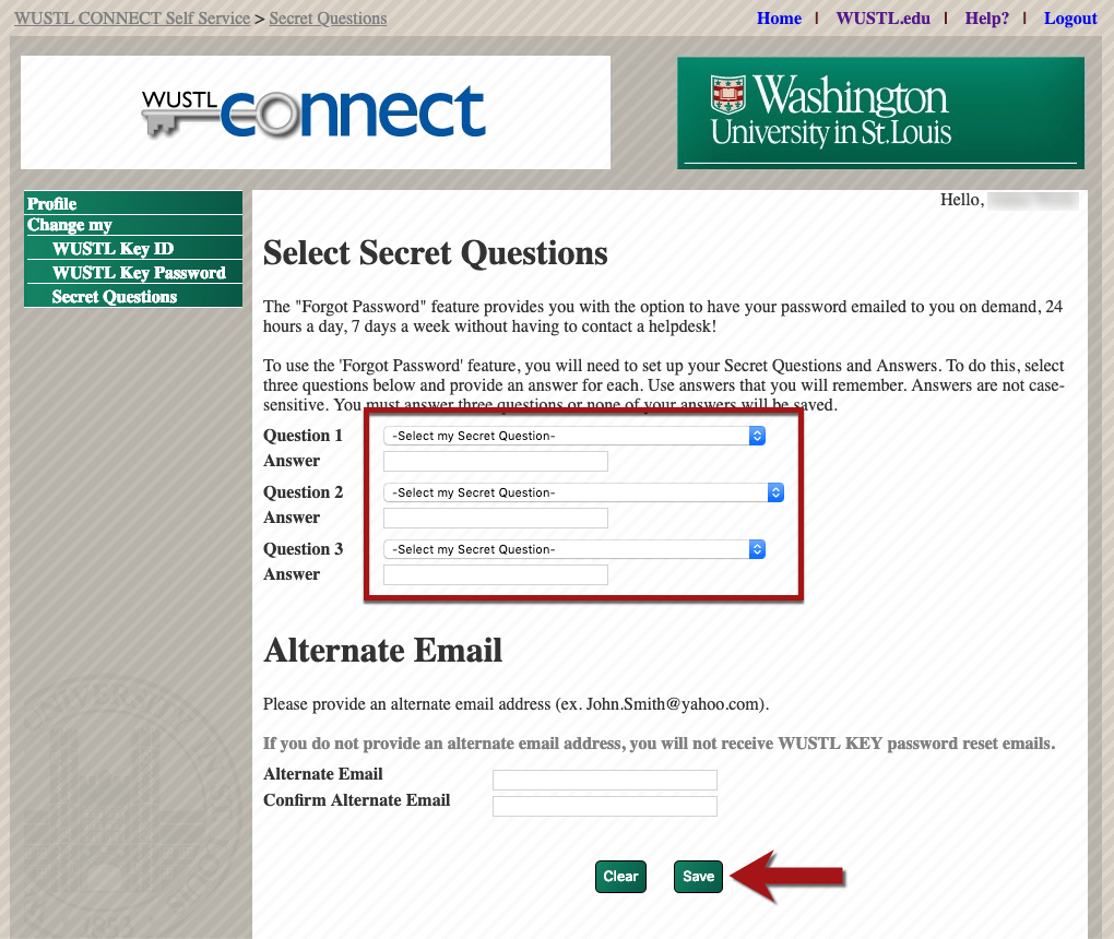 Create your WUSTL Key secret questions screenshot 2
