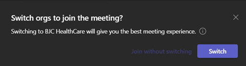 Image of Teams message prompting user to switch organizations