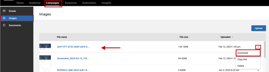 from the Campaigns page, select the images tab, locate the image and select the down arrow from the far right of the row then select download.