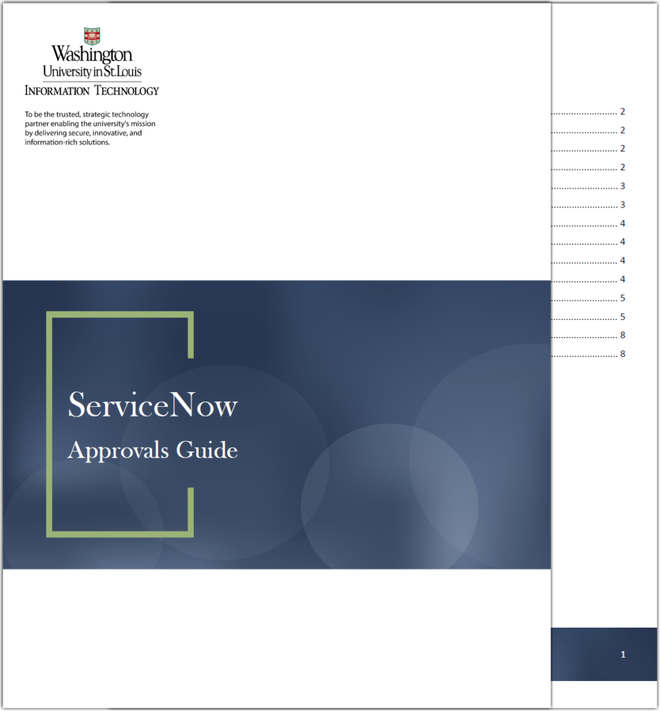 screenshot of the first two pages of the ServiceNow Approvals Guide - title page and table of contents