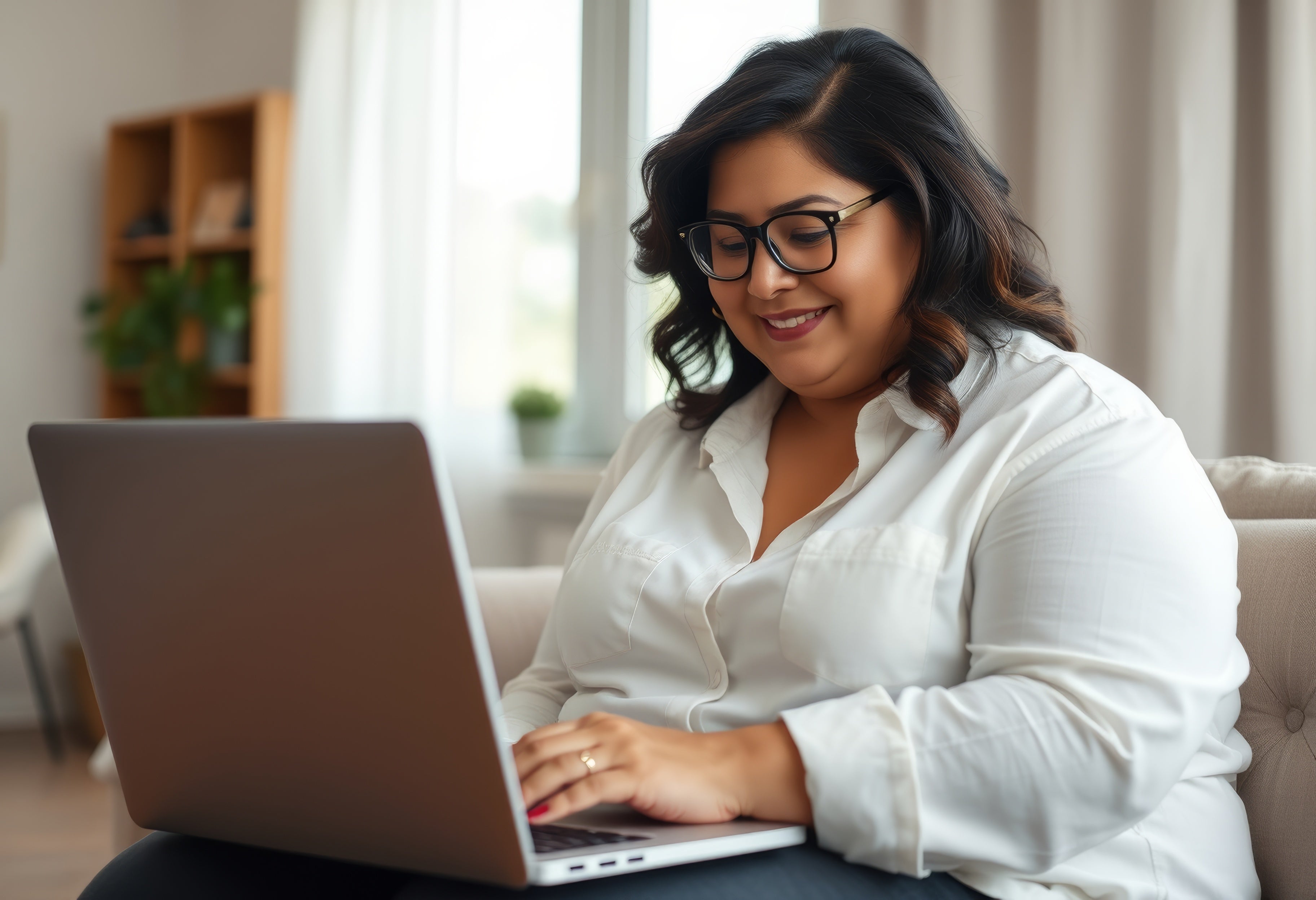 Woman sitting on a couch working with her laptop on her lap and smiling as she types. 