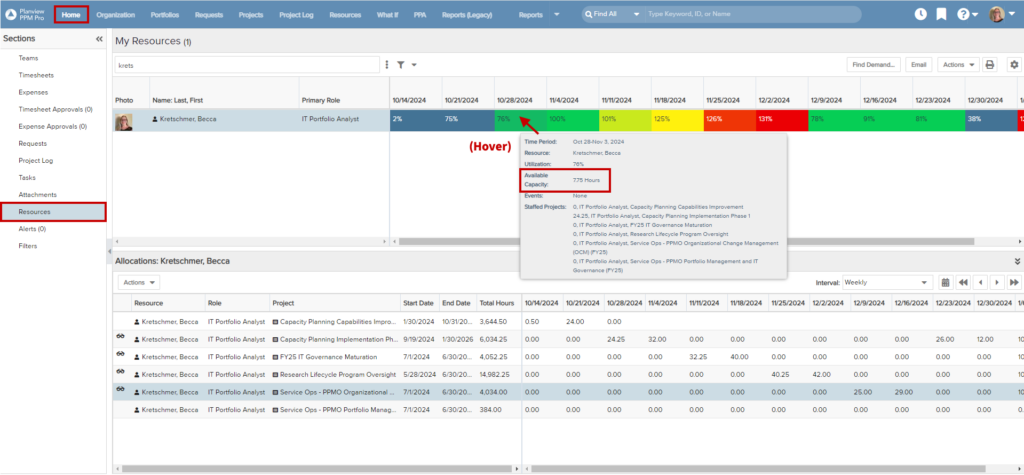 Example of a resources' available capacity from the Planview resource workbench.