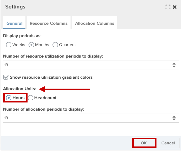 resource workbench settings showing changing to hours instead of headcount