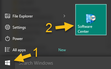 Showing section of desktop step one click on the start/Windows icon in the lower left corner then step two click on the Software Center icon