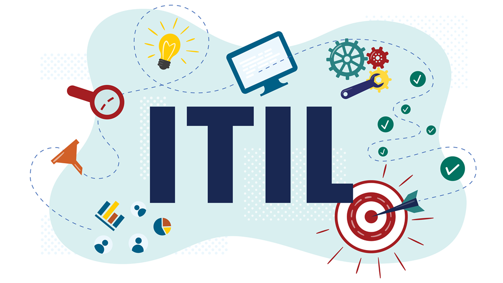 ITIL graphic with magnifying glass, graphs, monitor, checkmarks