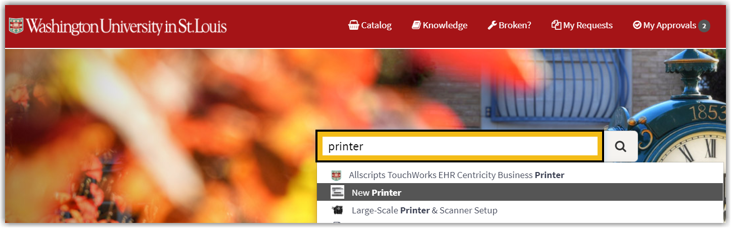 printer is shown typed in the search bar with a drop-down list of possible selections to choose from