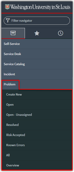 The problem management module shown expanded from the left navigation menu of ServiceNow