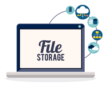laptop surrounded by five icons representing file storage options