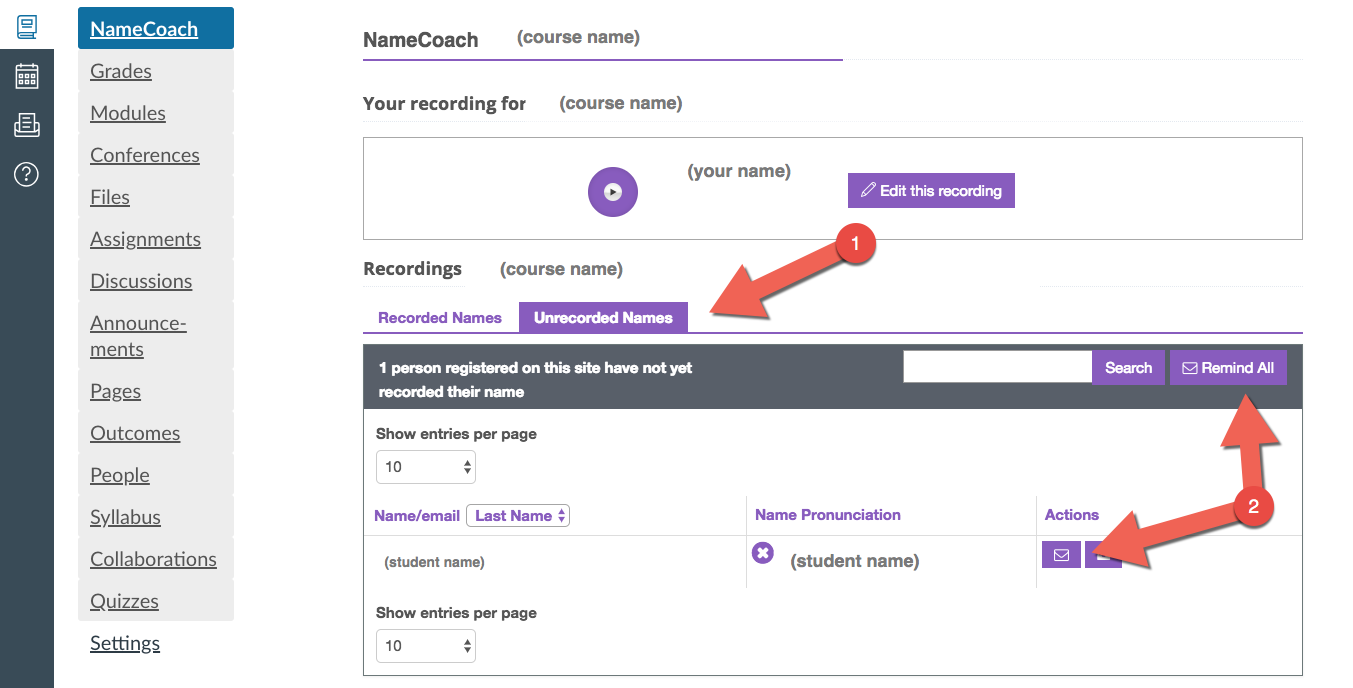 NameCoach - Canvas Instructors: Send a Recording Reminder to Students -  Information Technology