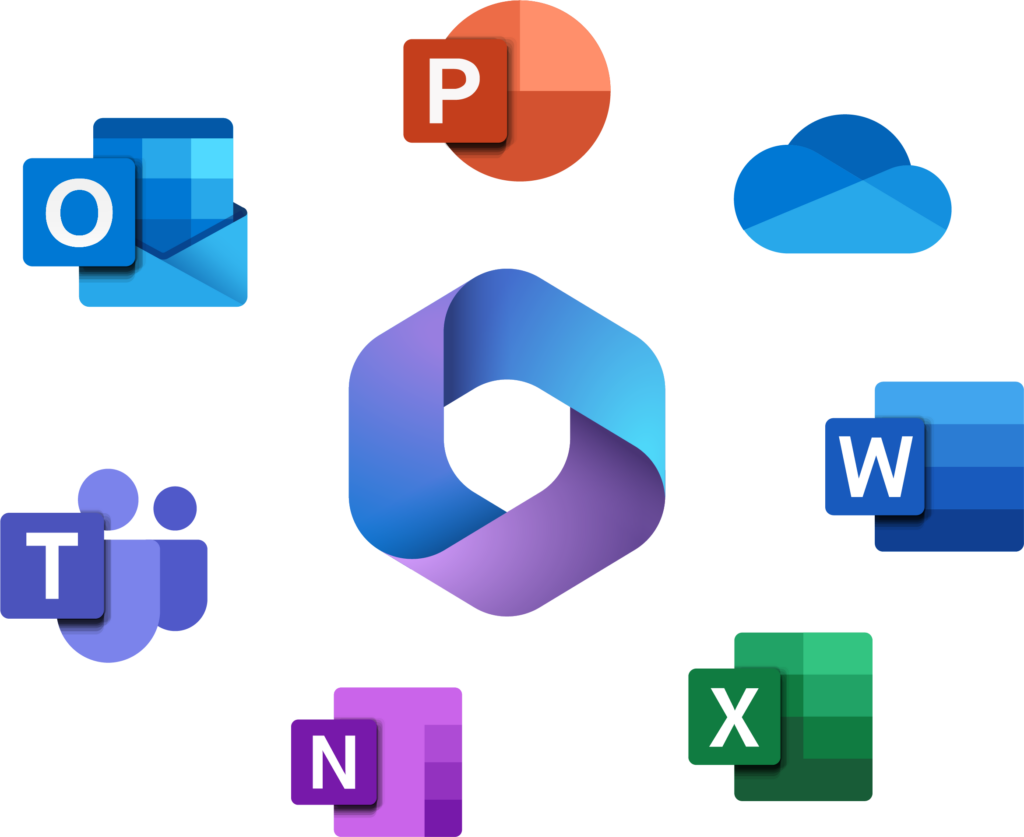 M365 logo surrounded by M365 Apps - PowerPoint, Word, Excel, OneNote, Teams, and Outlook